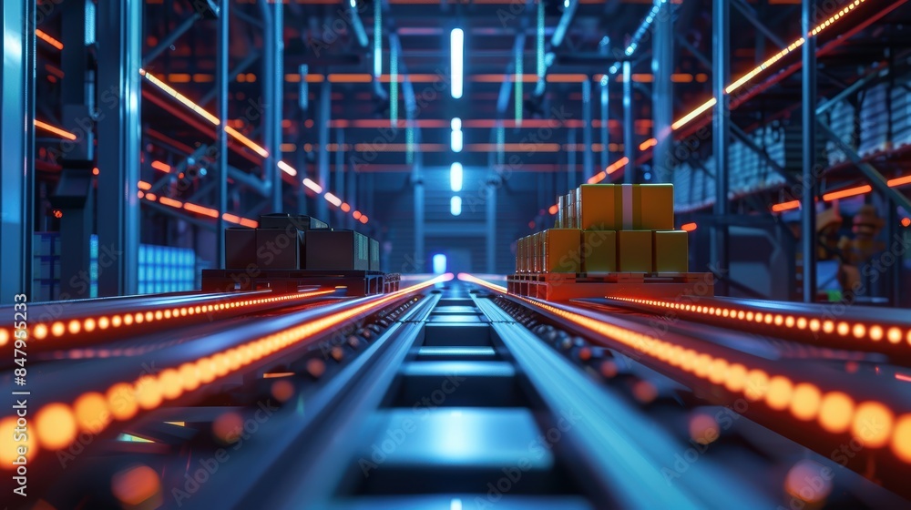 Fototapeta premium Robotic warehouse sorting system, high-tech automation, and smart logistics