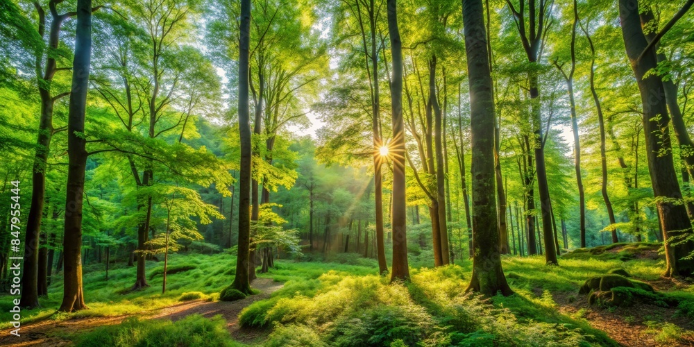 Sunlight streaming through trees in green forest Sunlight streaming through trees in green forest