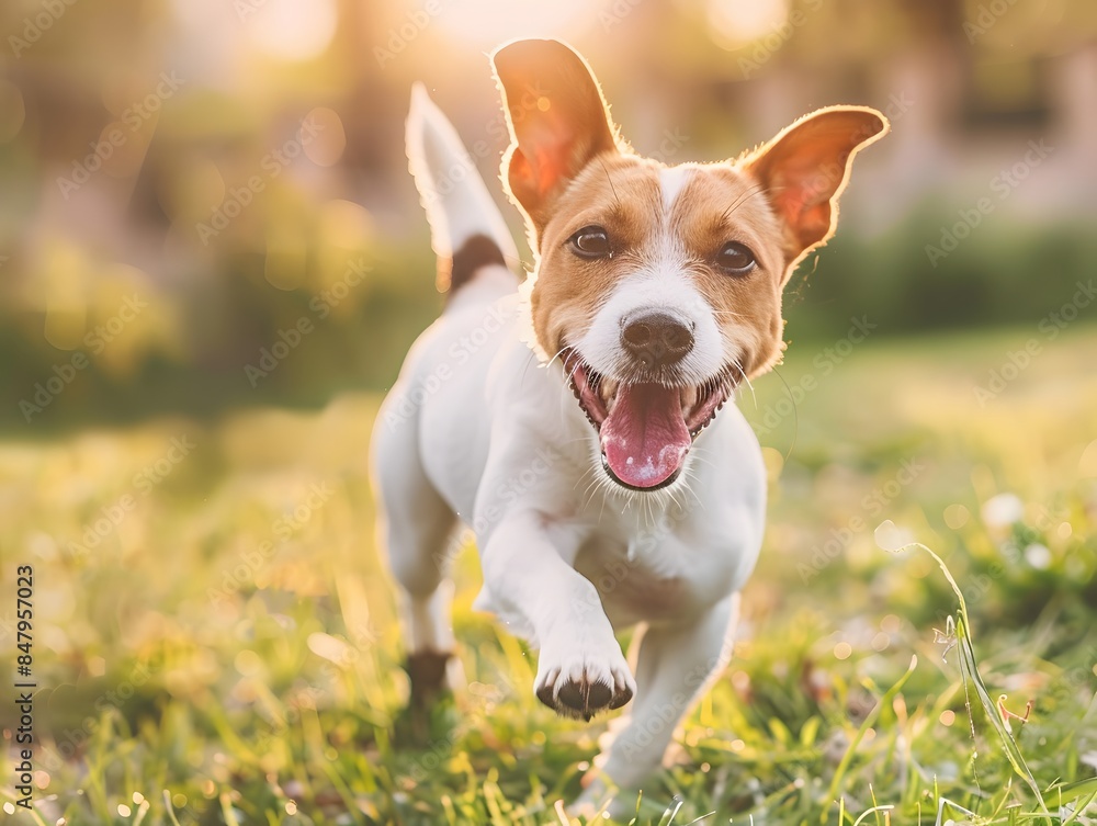 Happy Jack Russell Terrier Running on Grass in Sunny Weather Happy Jack Russell Terrier Running on Grass in Sunny Weather