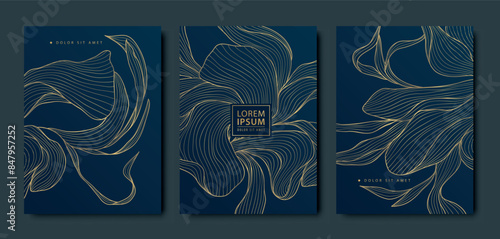 Vector set of floral card backgrounds, wedding, birthday floral background. Leaf spring brochure, gold on black, vintage illustration. Wavy plants covers
