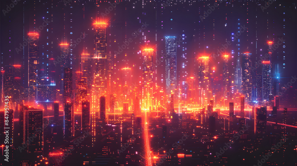 Fototapeta premium Cityscape illustration in concept of smart cities and urban innovation. Interconnected, smart infrastructure, and IoT-enabled public services, the role of technology in modern urban planning.