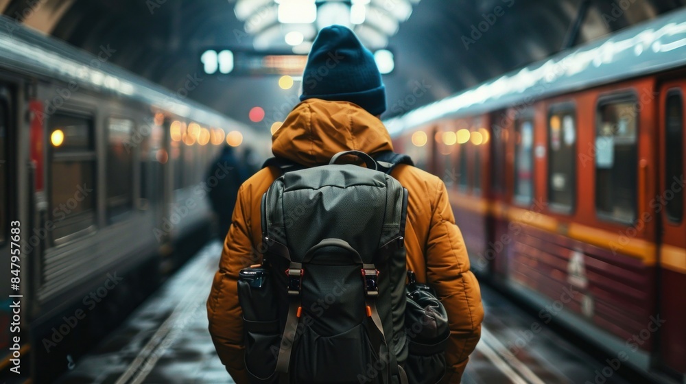 A man with a backpack walks between trains on a train station. travel concept A man with a backpack walks between trains on a train station. travel concept