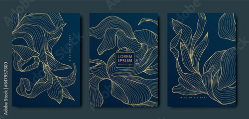 Vector set of floral card backgrounds, wedding, birthday floral background. Leaf spring brochure, gold on black, vintage illustration. Wavy plants covers