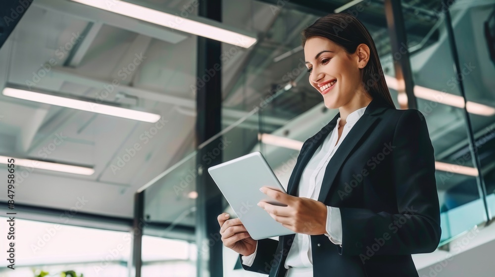 A Young Businesswomans Radiant Smile Illuminates the Modern Office Space A Young Businesswomans Radiant Smile Illuminates the Modern Office Space
