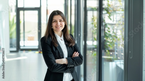 Confident Businesswoman Leans Against Railing In Modern Office Building Free Download Confident Businesswoman Leans Against Railing In Modern Office Building - GFXLoad