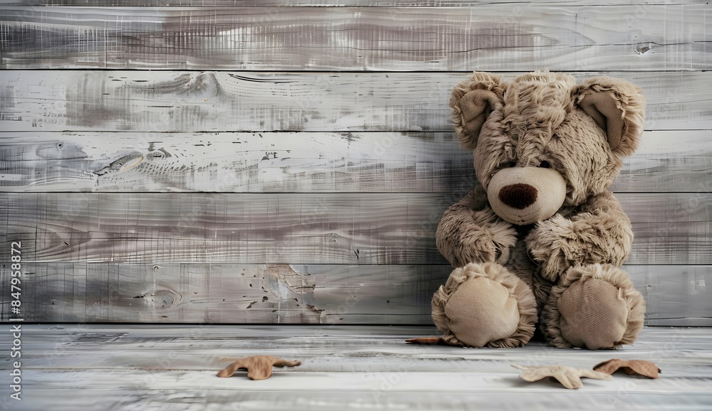 Obraz premium Sad Teddy Bear Sitting on Floor Hugging Knees