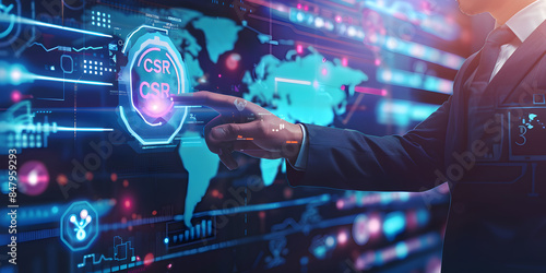 Corporate Executive Engaging with Advanced CSR Digital Interface Illustrating Modern Corporate Responsibility Practices