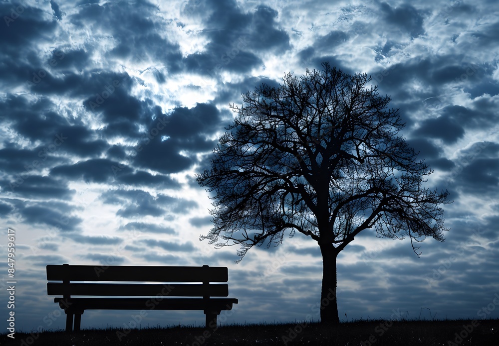 Silhouette of Tree and Bench Against Dark Blue Sky Silhouette of Tree and Bench Against Dark Blue Sky