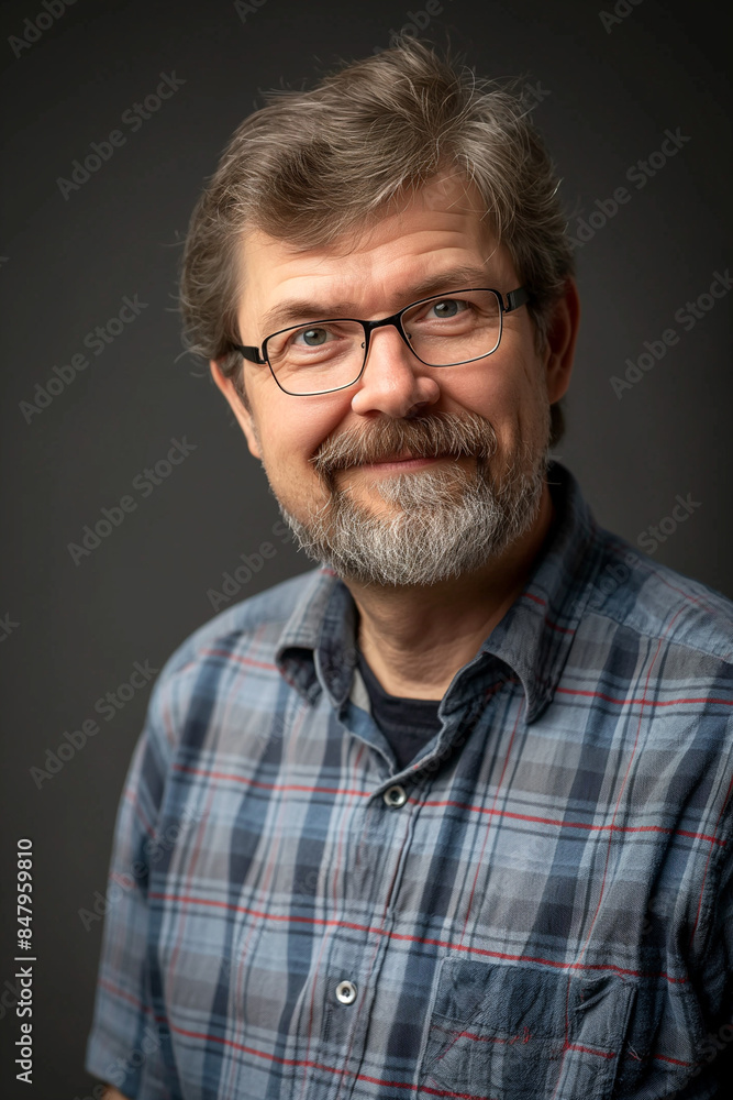 Mature Man with Glasses and Beard in Plaid Shirt Mature Man with Glasses and Beard in Plaid Shirt