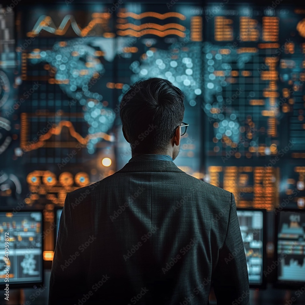 A businessman in glasses stands with his back to the camera, AI-generated A businessman in glasses stands with his back to the camera, AI-generated