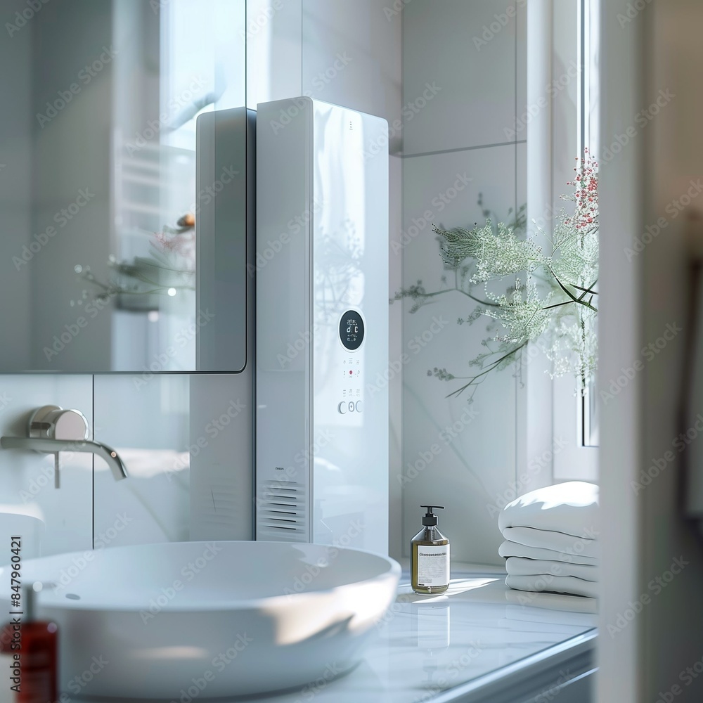 Obraz premium A white vertical air conditioner is mounted on the wall of an elegant bathroom, AI-generated