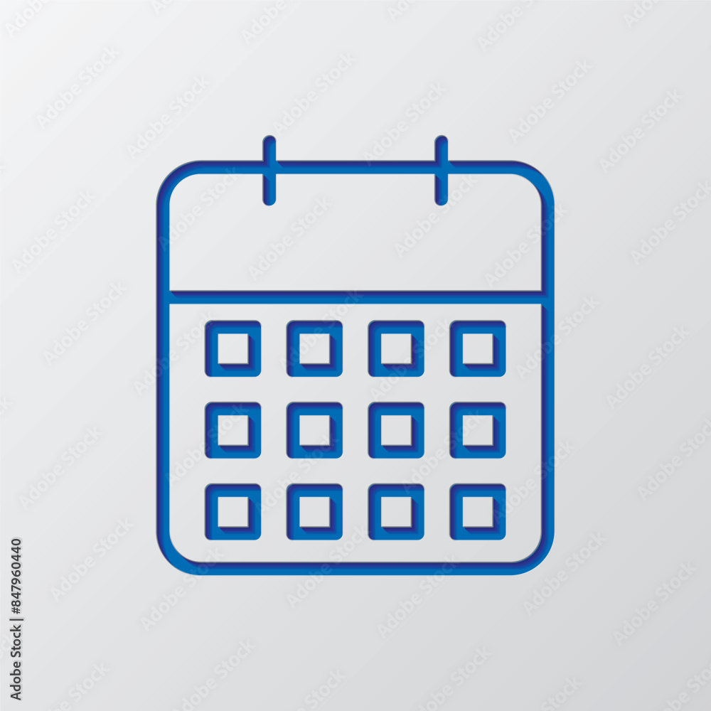 Calendar simple icon vector. Flat design. Paper cut design. Cutted blue symbol with shadow. Gray background Calendar simple icon vector. Flat design. Paper cut design. Cutted blue symbol with shadow. Gray background