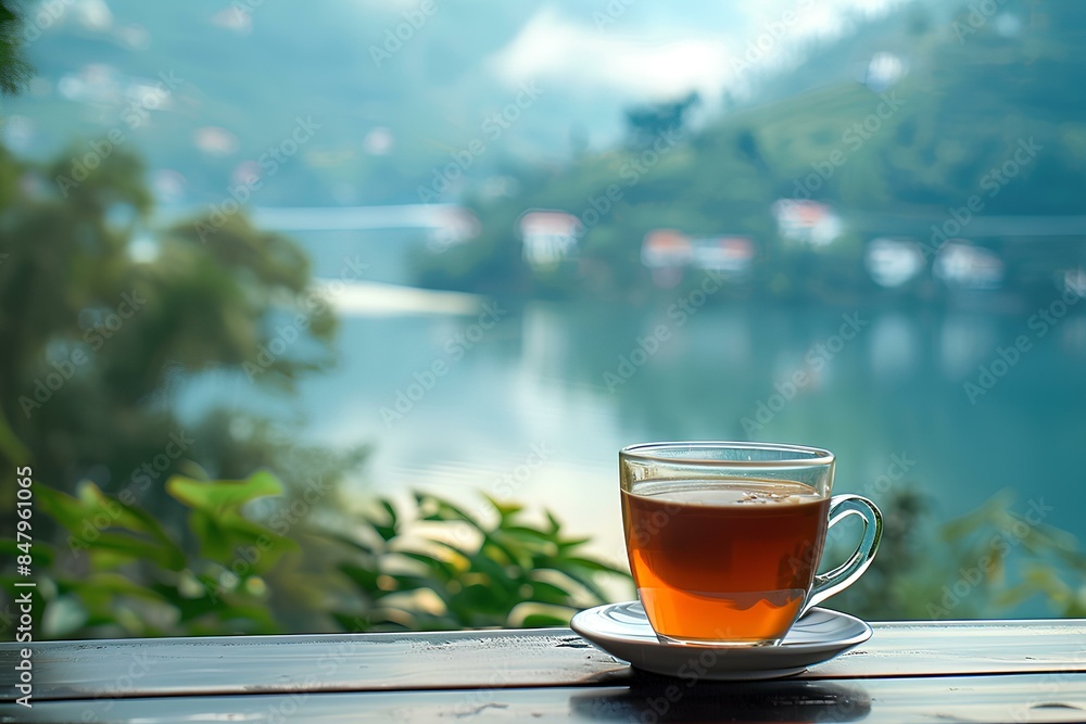 A cup of tea sitting on top of a wooden table A cup of tea sitting on top of a wooden table