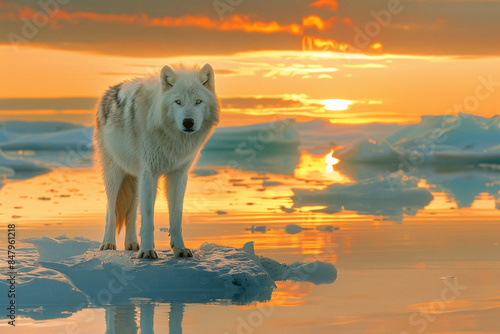 a wolf standing on an ice floe photo
