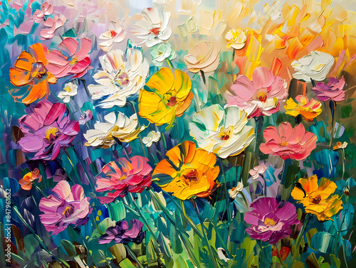 Vivid Flowers Fields, beautiful pattern Oil color painting. Generative AI.