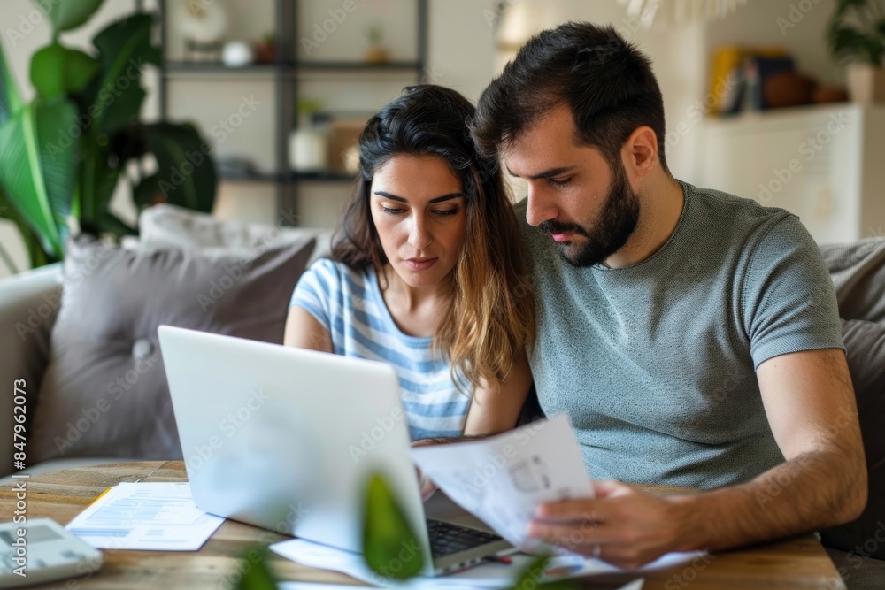 Couple at home paying bill online on laptop computer home finance concept Couple at home paying bill online on laptop computer home finance concept