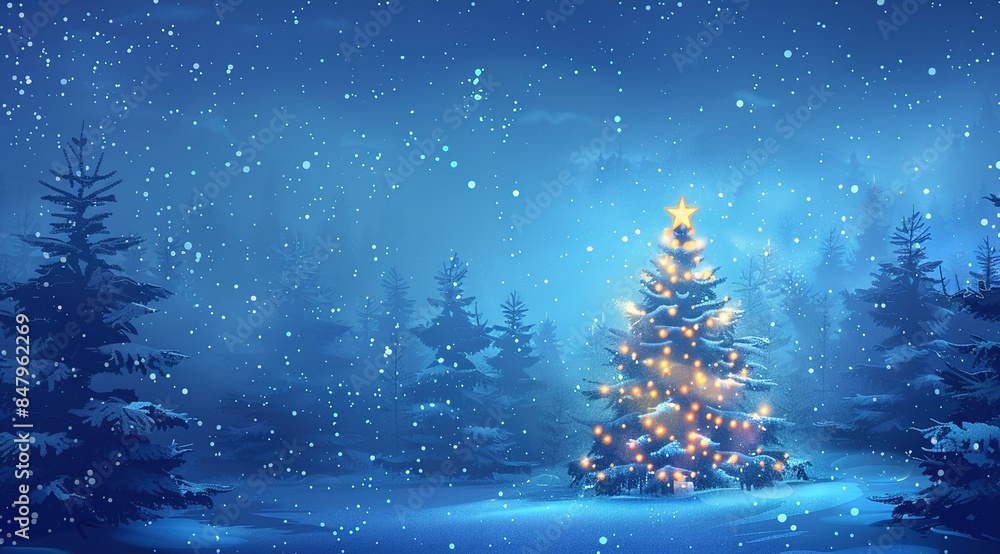 Magical Christmas tree with star on top in snowy winter forest at night. Blue background with falling snowflakes, perfect for Christmas card or greeting card design.