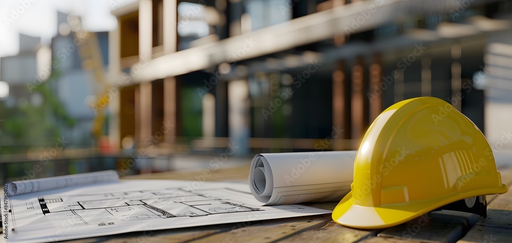 Yellow Helmet with Blueprints and Construction Plans on Wooden Table Yellow Helmet with Blueprints and Construction Plans on Wooden Table