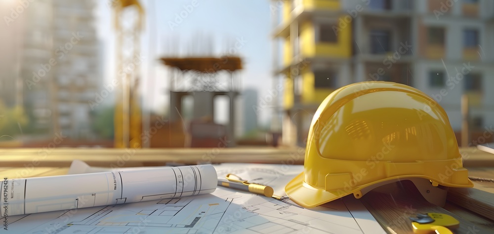 Yellow Helmet and Construction Blueprints on Wooden Table Yellow Helmet and Construction Blueprints on Wooden Table