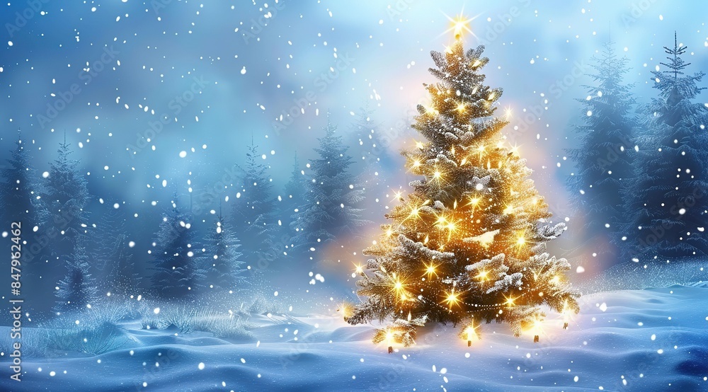 Magical Christmas tree with star on top in snowy winter forest at night. Blue background with falling snowflakes, perfect for Christmas card or greeting card design. Magical Christmas tree with star on top in snowy winter forest at night. Blue background with falling snowflakes, perfect for Christmas card or greeting card design.