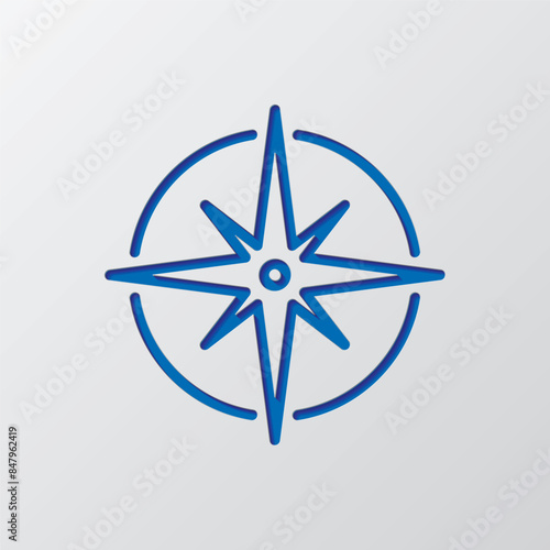 Compass simple icon vector. Flat design. Paper cut design. Cutted blue symbol with shadow. Gray background