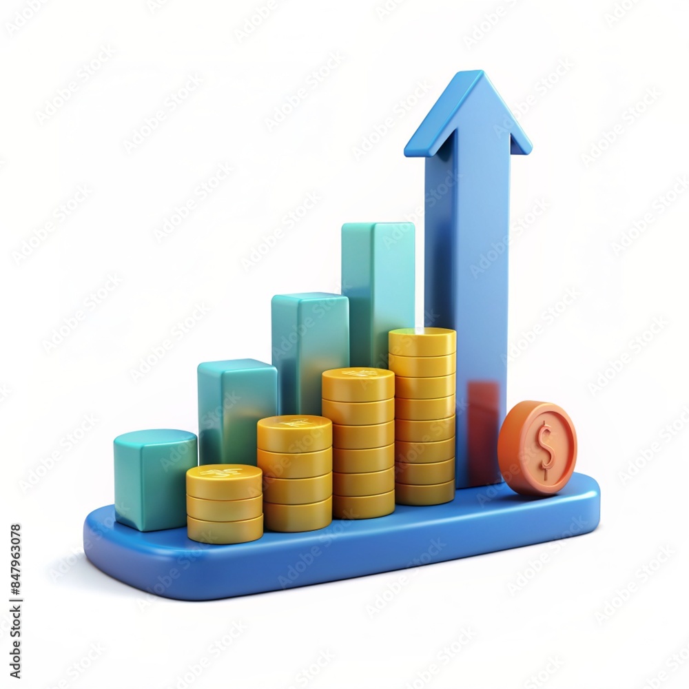 graph with coins rise up concept 3d cartoon style illustration graph with coins rise up concept 3d cartoon style illustration