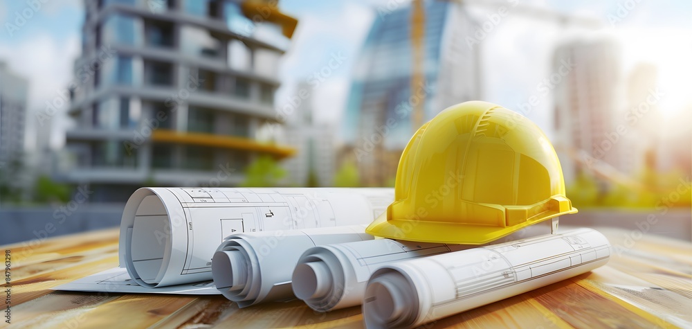 Blueprints and Yellow Helmet on Wooden Table with Modern Building Blueprints and Yellow Helmet on Wooden Table with Modern Building