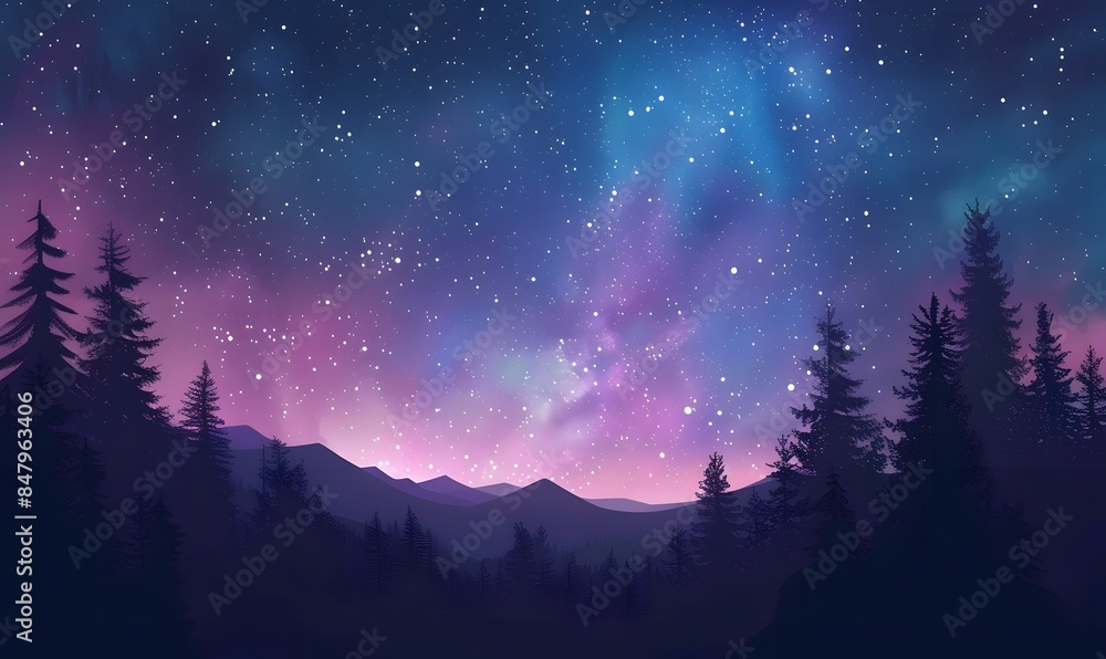 Starry Night Sky with Milky Way Over Forest Landscape Starry Night Sky with Milky Way Over Forest Landscape