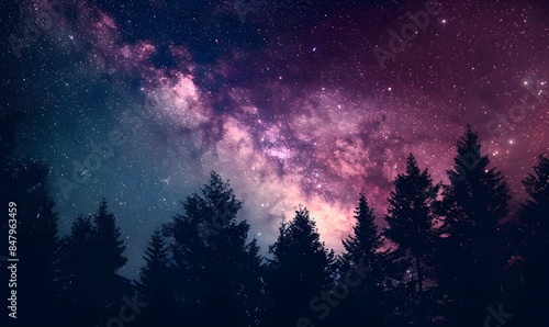 Milky Way Over Forest: Pink, Purple, Red, Blue Sky