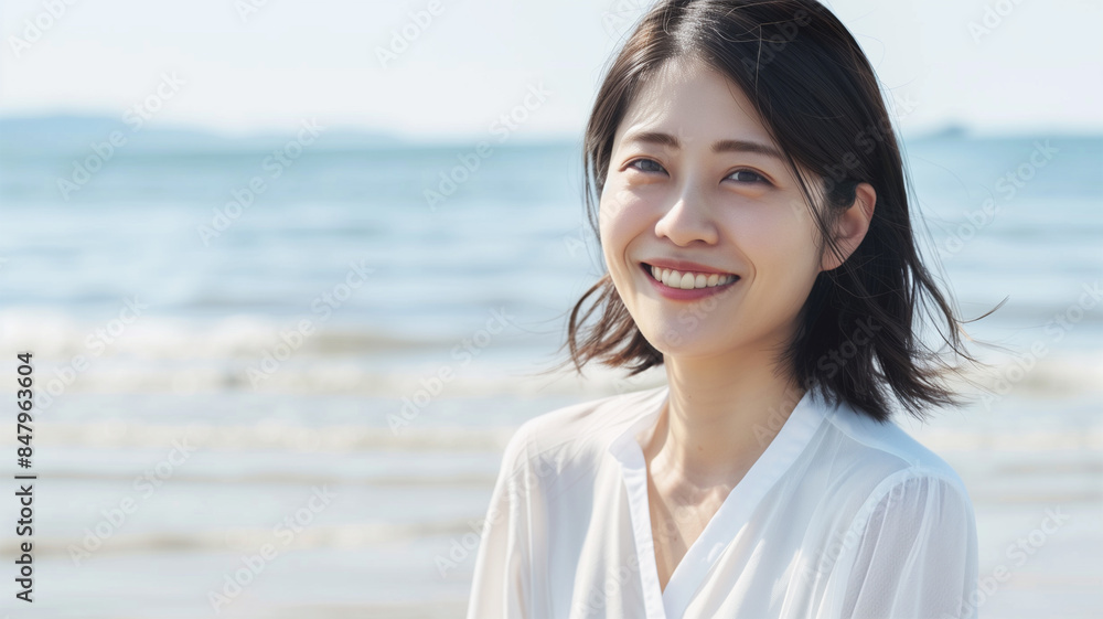 ビーチで微笑む日本人女性 ビーチで微笑む日本人女性