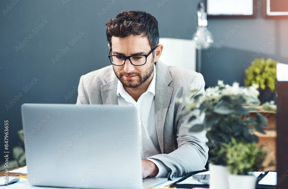 Office, internet and businessman with laptop by desk for investment, feedback and reading finance news. Financial planner, thinking and work with technology for digital tax report, email and research Office, internet and businessman with laptop by desk for investment, feedback and reading finance news. Financial planner, thinking and work with technology for digital tax report, email and research