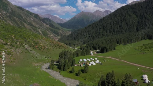 Eco-hotel with nomadic yurts in the Semenovsky Gorge of Kyrgystan. photo