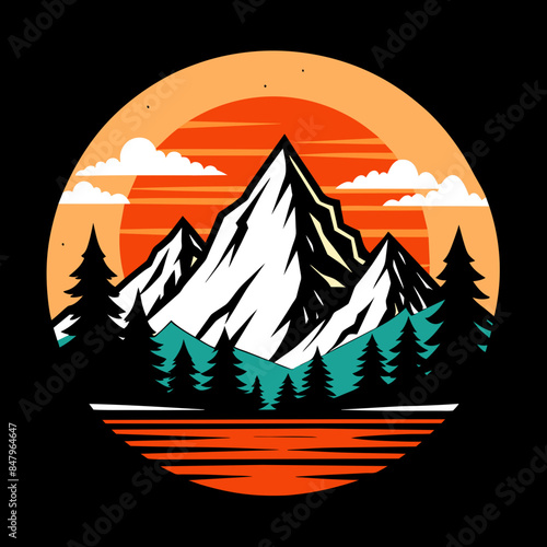  Vector mountain and forest illustration with retro style for t-shirt design
