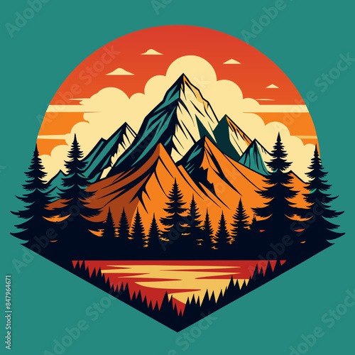  Vector mountain and forest illustration with retro style for t-shirt design