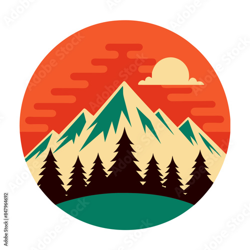  Vector mountain and forest illustration with retro style for t-shirt design