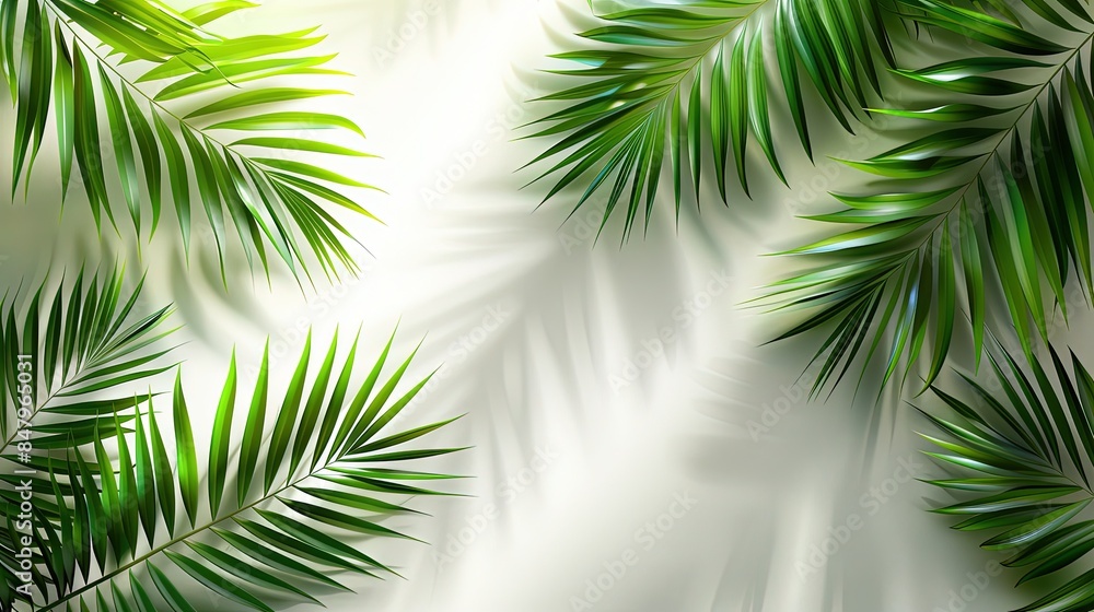 Obraz premium Shadow of palm leaves on white clean wall. Beautiful abstract background concept banner for summer vacation. minimalist. natural low light morning from the window.