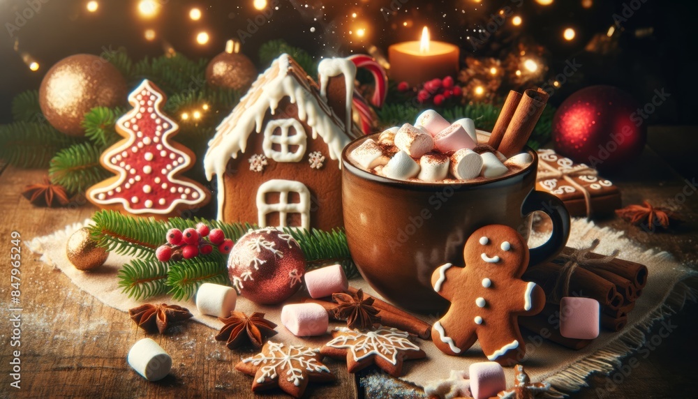 Christmas greeting card design warm cup of cocoa topped with marshmallows, gingerbread men cookies, and gingerbread house. scene is complete with a lit candle, cinnamon sticks, and festive greenery.