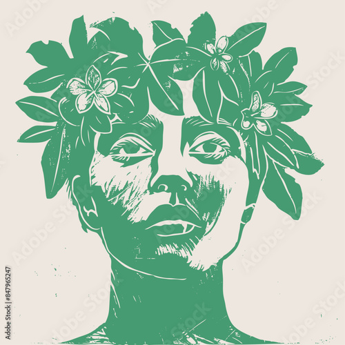 Romantic young teenager with a crown of flowers on his head, vector illustration