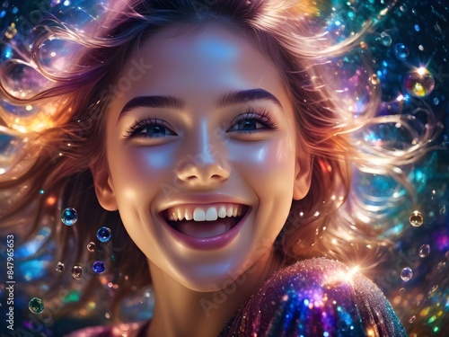 Portrait of a happy laughing girl in magical glare © Alexandr