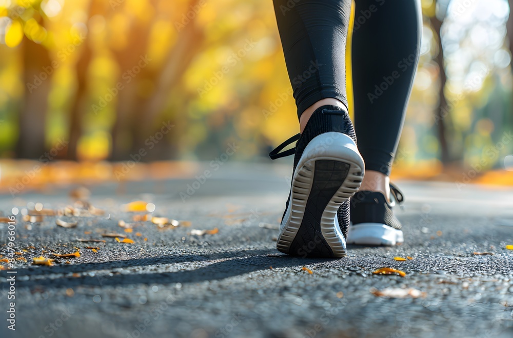 Close up of woman's legs in sports shoes walking on park road Close up of woman's legs in sports shoes walking on park road