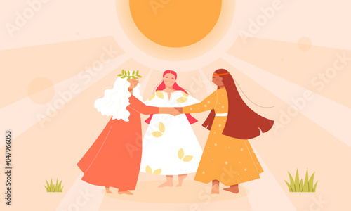  Summer solstice. Round dance. The longest day. Girls in dresses dance in circles