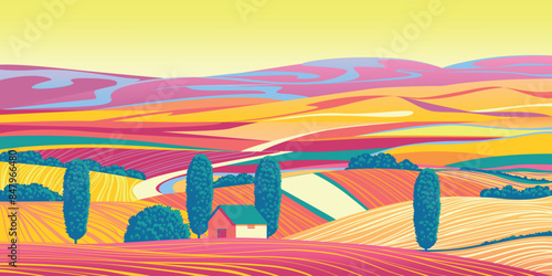 Vibrant Acid dreamlike rural landscape with farms, meadows, fields, trees and forests in the background. Handmade drawing vector illustration. Flat design. Can be used for banners, posters, etc.