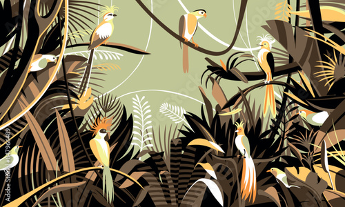 Bright color birds in the thickets of the flowering rainforest. Handmade drawing vector illustration. 