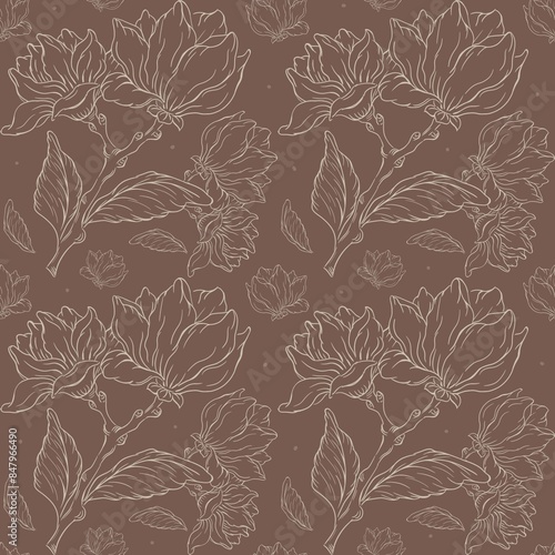 Photography bashful pattern of white magnolia flowers on a brown background ideal for fabric