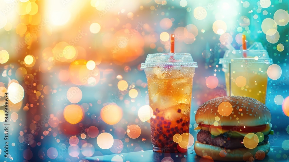 Roti, Pizza, Donut, Bubble tea, Burger, Green tea (close up, focus on, copy space) siiswysd Double exposure silhouette with fast food Roti, Pizza, Donut, Bubble tea, Burger, Green tea (close up, focus on, copy space) siiswysd Double exposure silhouette with fast food