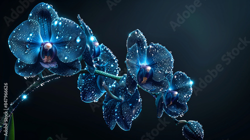 Blue orchids with water droplets under soft lighting.