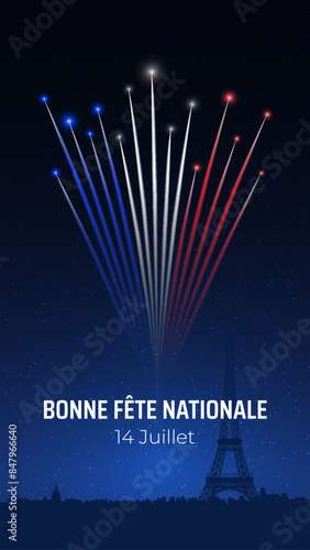 Banner 14 july bastille day in france. French national holiday. Greeting card. French colorful fireworks on dark sky background. Fireworks france flag. Vector. Translation: Happy National Day July 14