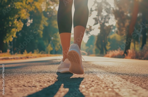 Close up of woman's legs in sport shoes walking on park road