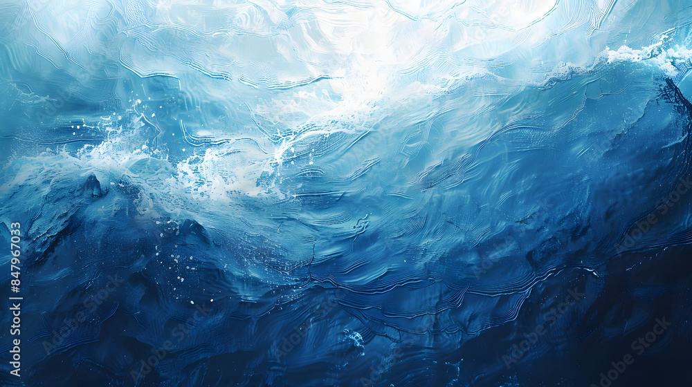 © S A H I N  - Calm water underwater blurry texture blue background for copy space text. Lake ripples cartoon, ocean wave illustration for pool swim party, beach travel. Web mobile banner, wavy graphic by Vita