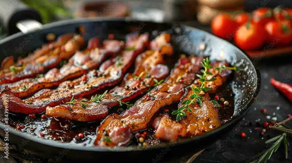 Crispy strips of bacon sizzling in a skillet, with aromatic herbs and spices adding color and flavor, set against a cozy kitchen backdrop Crispy strips of bacon sizzling in a skillet, with aromatic herbs and spices adding color and flavor, set against a cozy kitchen backdrop